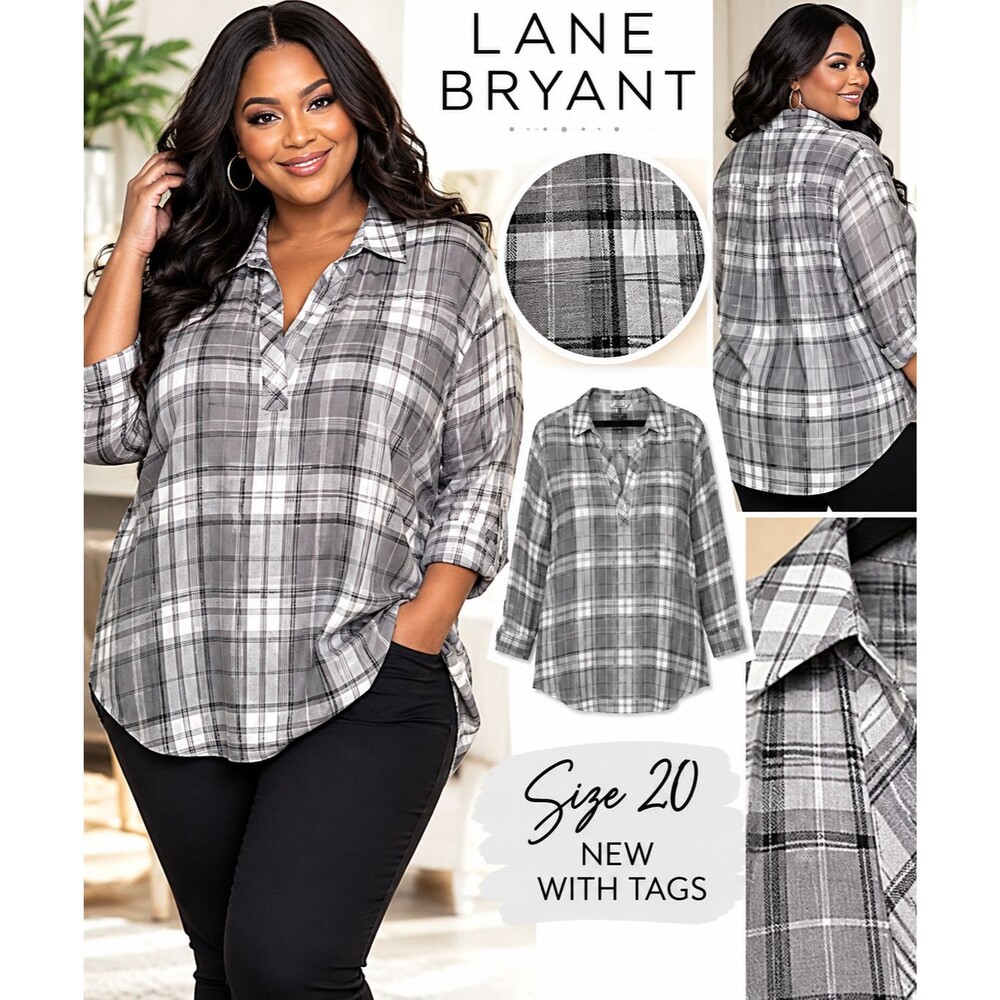 NWT LANE BRYANT Gray Plaid V-Neck Long Sleeve Tunic Blouse Size 20 Retail $59.95